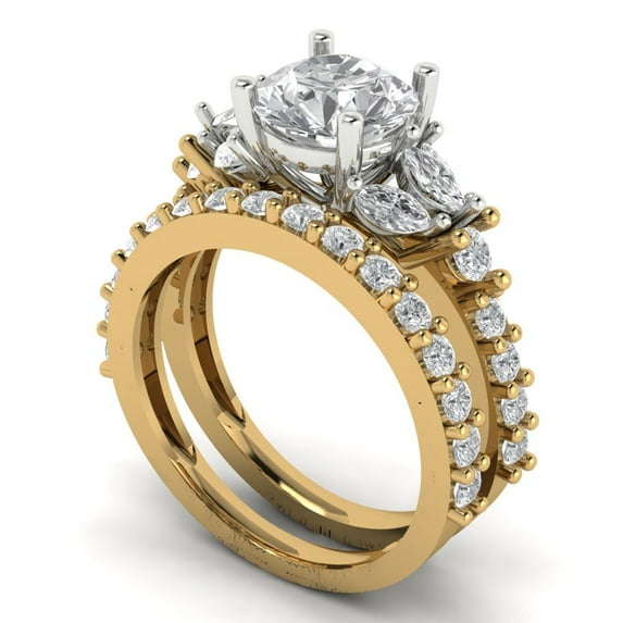 3.06 ct Brilliant Round Cut White Sapphire 14k Yellow/White Gold Solitaire with Accents Engagement Bridal Wedding Ring Band Set size 4.25
