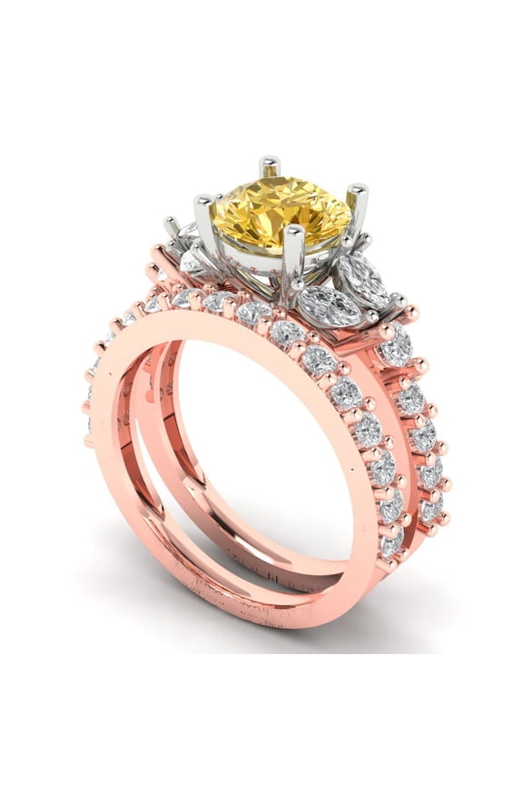 3.06 ct Brilliant Round Cut Yellow Moissanite 14k Rose/White Gold Solitaire with Accents Engagement Bridal Wedding Ring Band Set size 5.5