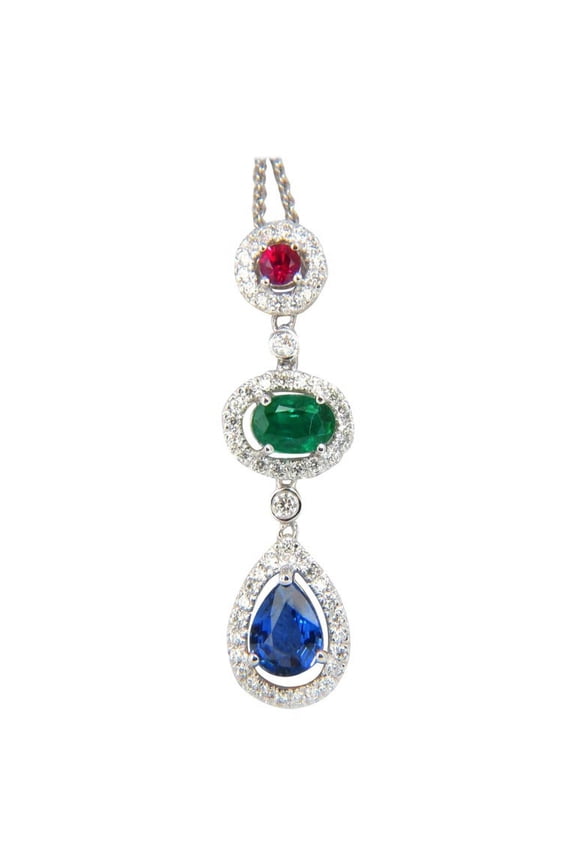 3.07CT NATURAL SAPPHIRE EMERALD RUBY DIAMOND CLUSTER DANGLE PENDANT 14KT
