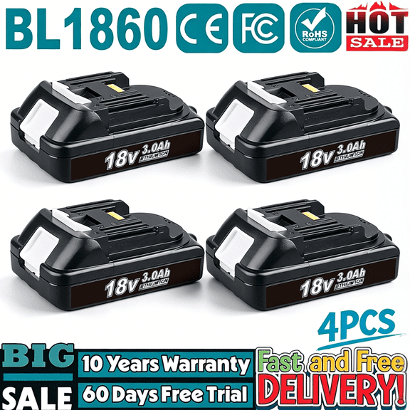 3.0Ah 4-Packs 18V Battery Replacement for Orignal 18V Battery BL1820B-2 BL1830B-2 Compatible with Makiita BL1815 BL1820 BL1830 BL1830B 1840B 1850B BL1860B (Black)