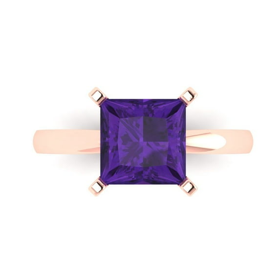 3 ctw Solitaire Anniversary Ring for Women | Princess Cut Natural Amethyst | Hyperallergenic Solid 18K Rose Gold