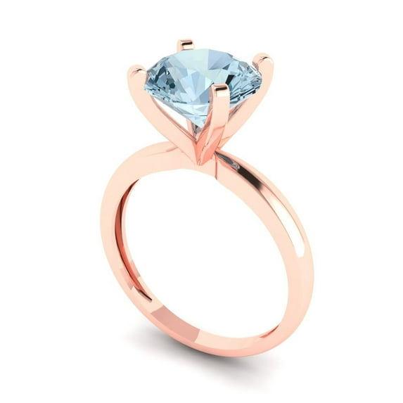 3.0ct round cut blue natural aquamarine 14k rose gold Bridal Wedding Engagement Promise Anniversary Ring for Women size 6.25