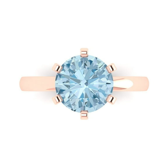 Clara Pucci 14K Rose Gold Solid Gold SwissBlueTopaz Solitaire Anniversary Ring for Women - 3 cttw Round Cut