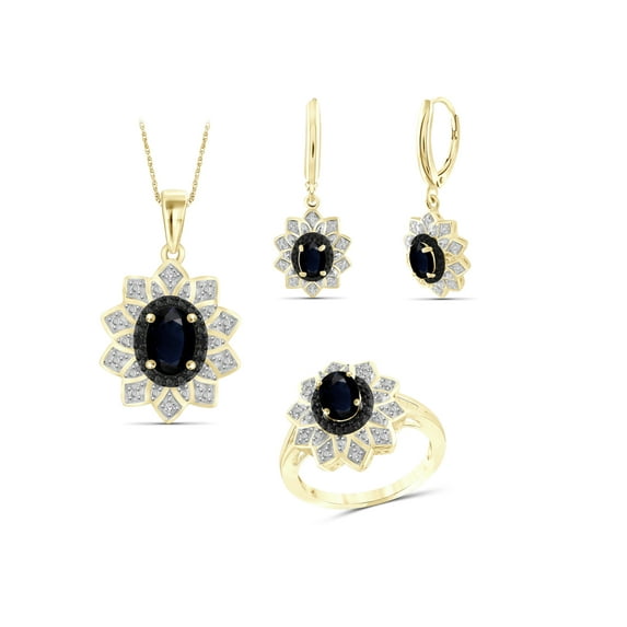 3 1/2 Carat T.G.W. Sapphire And Black & White Diamond Accent 14k Gold Over Silver 3-Piece Jewelry set