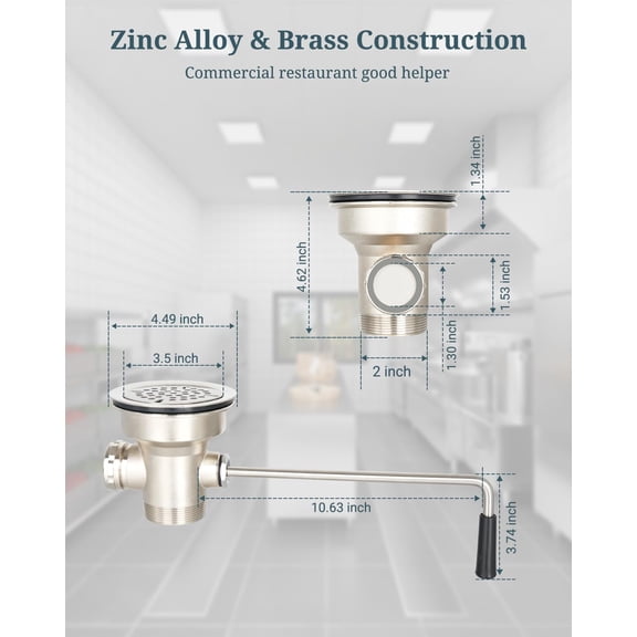 3-1/2 Inch Commercial Sink Drain with Lever Handle - Brass Waste Valve for Kitchen Overflow Prevention