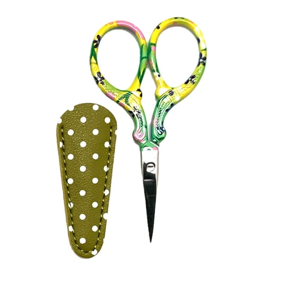 3-1/2 Inch Multi-Color Flower Themed Scissors With Green Polka Dot Sheath