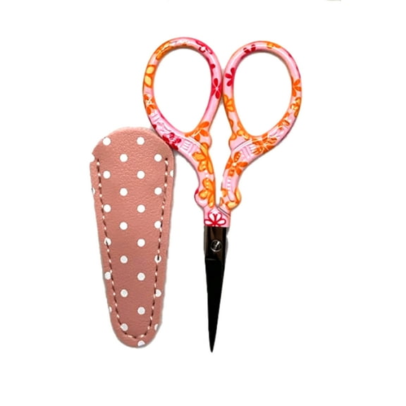 3-1/2 Inch Multi-Color Flower Themed Scissors With Mauve Polka Dot Sheath