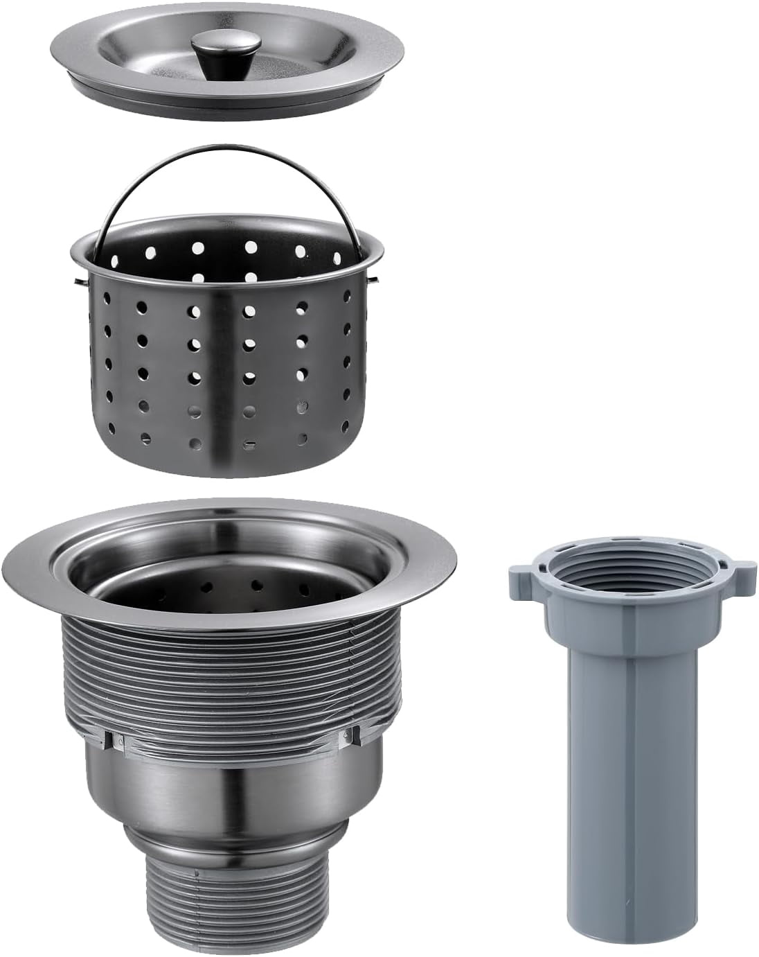 3-1/2 inch Kitchen Sink Drain Assembly Kit with Removable Deep Strainer Basket, Stopper and Tailpiece, 304 Stainless Steel Drain with Extended Threads for Thicker Sinks, Black