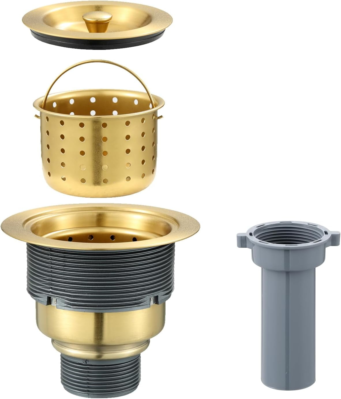 3-1/2 inch Kitchen Sink Drain Assembly with Removable Deep Strainer Basket, Sealing Stopper Plug and Tailpiece, 304 Stainless Steel Drain with Extended Threads for Thicker Sinks, Gold