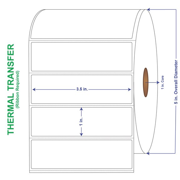 3-1/2" x 1" General Use Labels, w/ Perf Thermal Transfer Labels, Perforated, 2300 per roll (4 Rolls per Carton)