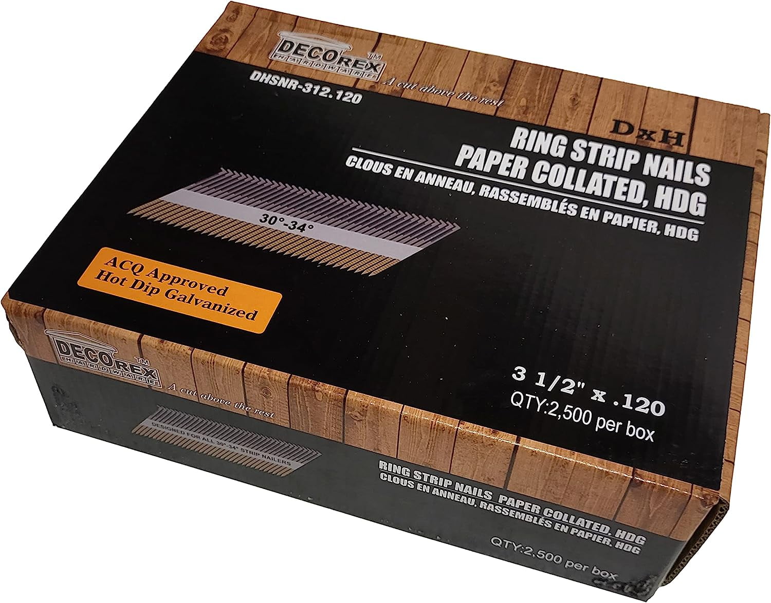 3 1/2" x .120 Ring Shank Framing Nails, Paper Strip Collated, Hot Dip Galvanized (30-34 Degree) - 2500pcs box (DHSNR-312.120)
