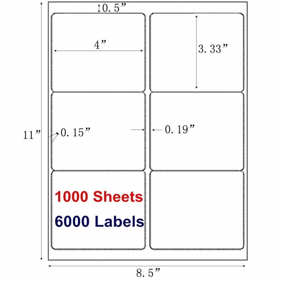 3 1/3" x 4" 6000 Address Shipping Mailing Return Label Self Adhesive 6 Per Sheet