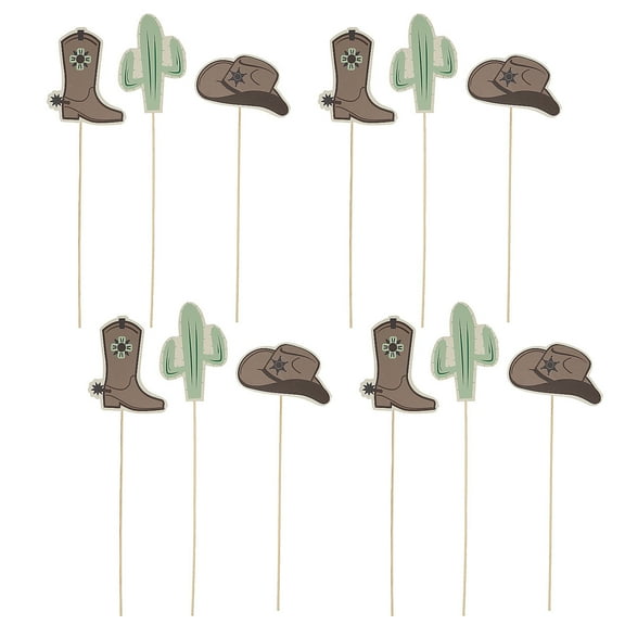 3 1/4"  5" Modern Western Boot, Hat & Cactus Centerpiece Sticks - 12 Pc.