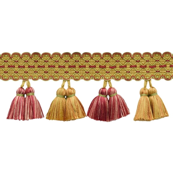 3 1/4" (8cm) Arbor Collection Detailed Gimp with Full Double Tassel Fringe Trim # TFAR0300,, Garden Gold #AR02 (Brass Gold, Sage Green, Light Red) Sold By The Yard (36"/3 ft/0.9m)