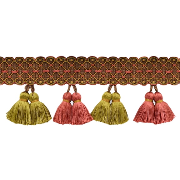 3 1/4" (8cm) Arbor Collection Detailed Gimp with Full Double Tassel Fringe Trim # TFAR0300,, Red Sapling Brown #AR05 (Chocolate Brown, Light Red, Beige Gold) Sold By The Yard (36"/3 ft/0.9m)