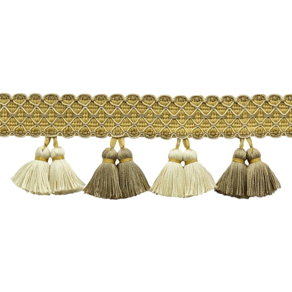 3 1/4" (8cm) Arbor Collection Detailed Gimp with Full Double Tassel Fringe Trim # TFAR0300,, Taupe Gold #AR01 (Brass Gold, Golden Beige, Light Brown) Sold By The Yard (36"/3 ft/0.9m)