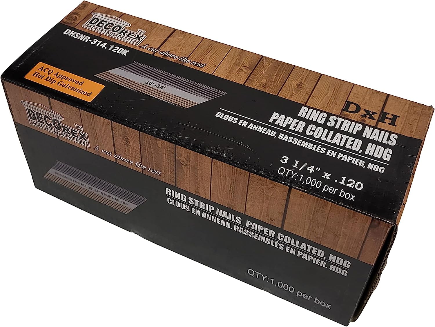 3 1/4" x .120 Ring Shank Framing Nails, Paper Strip Collated, Hot Dip Galvanized (30-34 Degree) - 1000pcs box (DHSNR-314.120K)