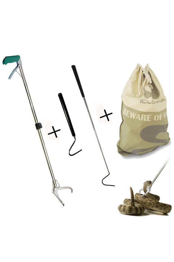 [3 in 1] 47" Foldable Snake Tongs +Snake Hook +Snake Reptile Bag, iClover Reptile Grabber Rattle Catcher Wide Jaw Handling Tool Set for Moving King Snake Lizard Reptiles