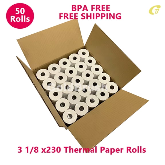 3-1/8" X 230' THERMAL PAPER RECEIPT ROLLS WHITE 50 ROLLS POS CASH REGISTER TAPE