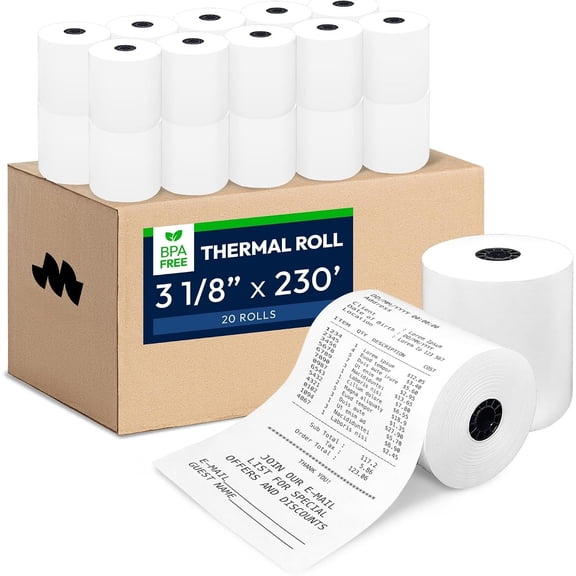 3 1/8" x 230' Thermal Paper (20 Rolls) - Receipt Paper, 48 GSM Safe Thermal Printer Paper & POS Register Tape