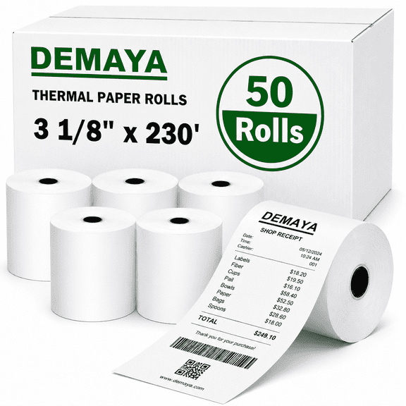 DEMAYA 3 1/8" x 230' Thermal Receipt Paper Rolls BPA Free - POS Cash Register & Credit Card Machine Paper, Premium White Printing, 50 Rolls