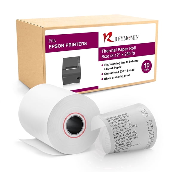 3 1/8 x 230 ft Thermal Paper Rolls for Epson Printer - Thermal Receipt Paper Compatible with EPSON Machines - 10 Rolls