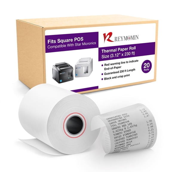 3 1/8 x 230 ft Thermal Paper Rolls for Square POS and Square Registers - Thermal Receipt Paper Compatible With Square POS Star Micronics - 20 Rolls