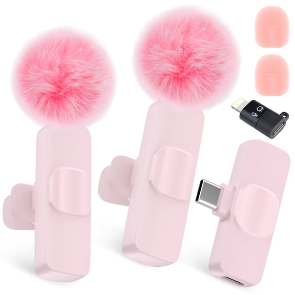 3 in 1 AILKIN 2Pack Wireless Lavalier Microphones for iPhone Android,Plug-Play Mini Microphone,Noise Reduction,Clip on Lapel Mics for Video Recording Vlog,TikTok,YouTube,Interview,Pink