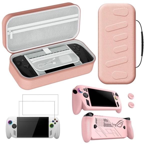 3 in 1 Accessories Kit for ROG XBOX Ally X/Ally - Portable Travel Handheld Case Hard Carrying Case with Soft Silicone Protective Cover and 2 Pack Screen Protector, 4 Thumb Grip Caps (Pink)