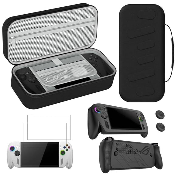 3 in 1 Accessories Kit for ROG XBOX Ally X/Ally - Portable Travel Handheld Case Hard Carrying Case with Soft Silicone Protective Cover and 2 Pack Screen Protector, 4 Thumb Grip Caps (Black)
