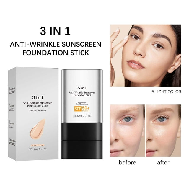 3 In 1 Anti-Wrinkle Foundation Stick with SPF 50+, Hydrating Anti Wrinkle Non-Sticky Matte Finish Sun Protection for Face and Body, Full Coverage Thin and Natural Finish