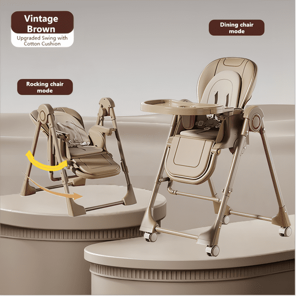 3 in 1 Baby Swing Convertible BabyHigh Chair,Portable Baby Feeding Chairs,Baby Folding Dining Chairs for Babies and Toddlers,Adjustable Height,Unisex,KHAKI