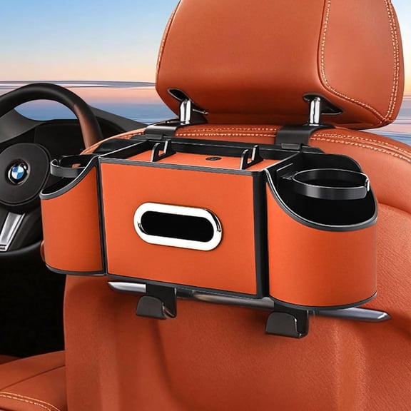 3 in 1 Back Seat Organizer, 2026 Upgraded Multifunctional Car Seat Back Storage Box, Car Organizers and Storage Box with 2 Cup Holders, with Tissue Boxs and Hook, Drink Holder for Car