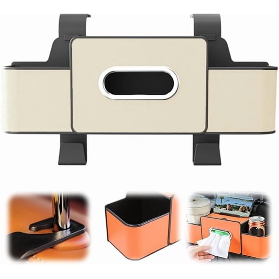 3 in 1 Back Seat Organizer, 2026 Upgraded Multifunctional Car Seat Back Storage Box, Car Organizers and Storage Box with 2 Cup Holders, with Tissue Boxs and Hook, Drink Holder for Car (White)