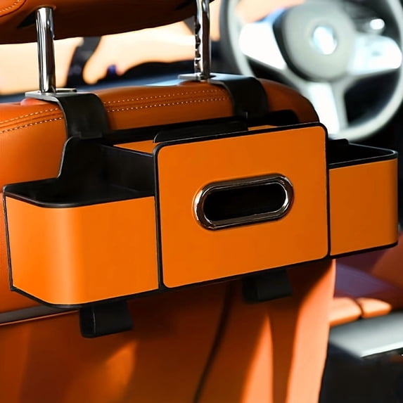 3 in 1 Back Seat Organizer, 2026 Upgraded Multifunctional Car Seat Back Storage Box, Car Organizers and Storage Box with 2 Cup Holders, with Tissue Boxs and Hook, Drink Holder for Car (Orange)