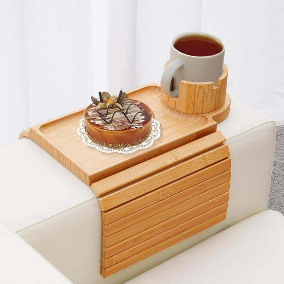 3 In 1 Bamboo Couch Arm Tray Table, Foldable Sofa Armrest Tray Table for Couch, Flexible and Anti-Slip Couch Arm Cup Holder Tray, Portable Sofa Arm Table Tray for Cups Eats Snacks Phone Remote