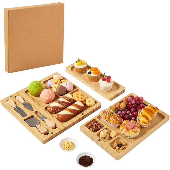 3 in 1 Bamboo Food Boards Gift Set, Large Bamboo Cheese Board Set with Knife Set, Deli Boards Set, Cheeseboard for Halloween Party, House Warming Gifts, Wedding Gift