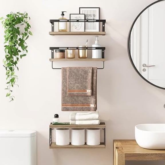3+1 Bathroom Shelves Over Toilet, Floating Shelves Wall Mounted with Metal Frame and Towel Bar for Bathroom, Kitchen, Bedroom, Living Room (Rustic Brown)