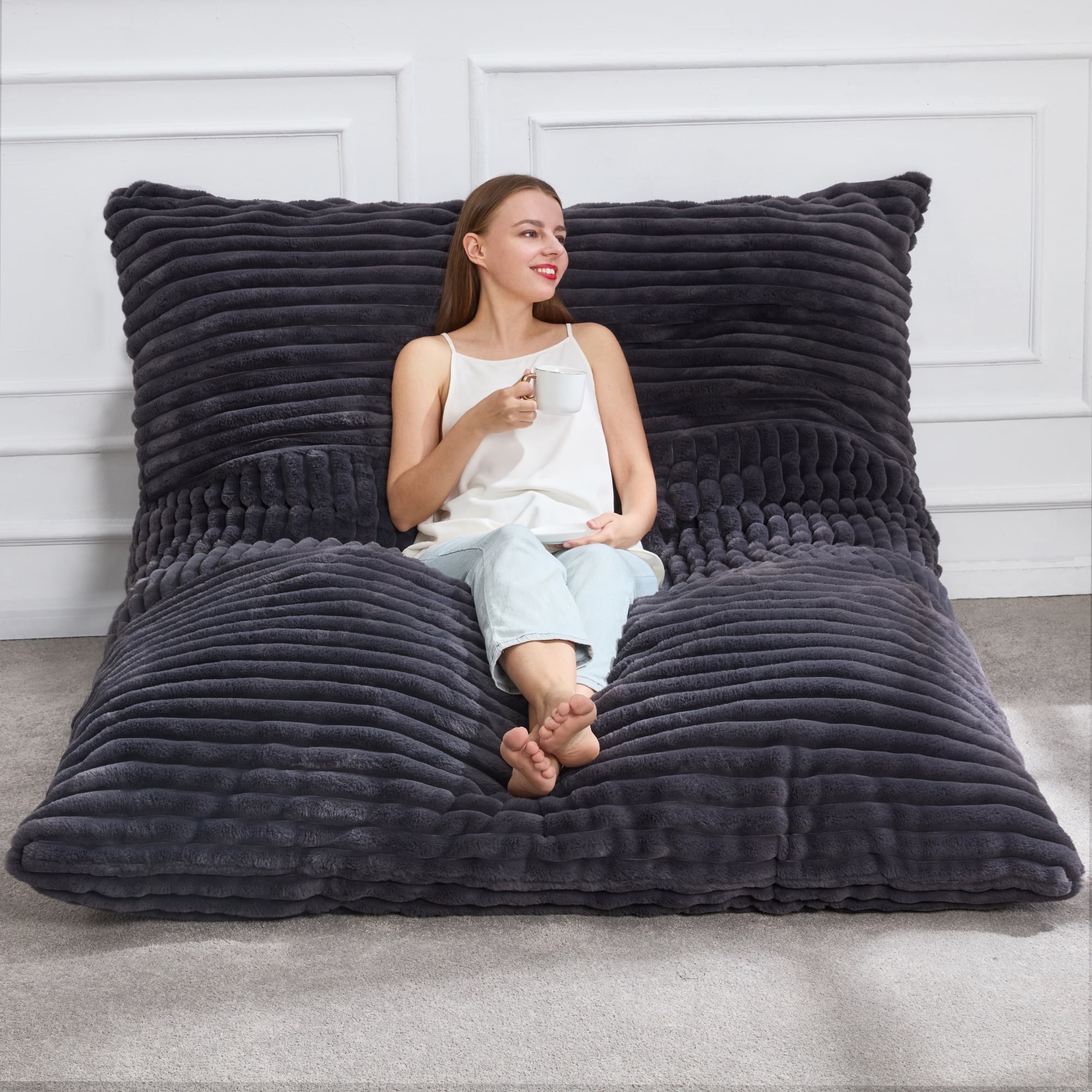 3 in 1 Giant Bean Bag Chair Convertible Bean Bag Chairs with Machine Washable Cover Large Beanbag Chairs for Adult (Dark Grey)