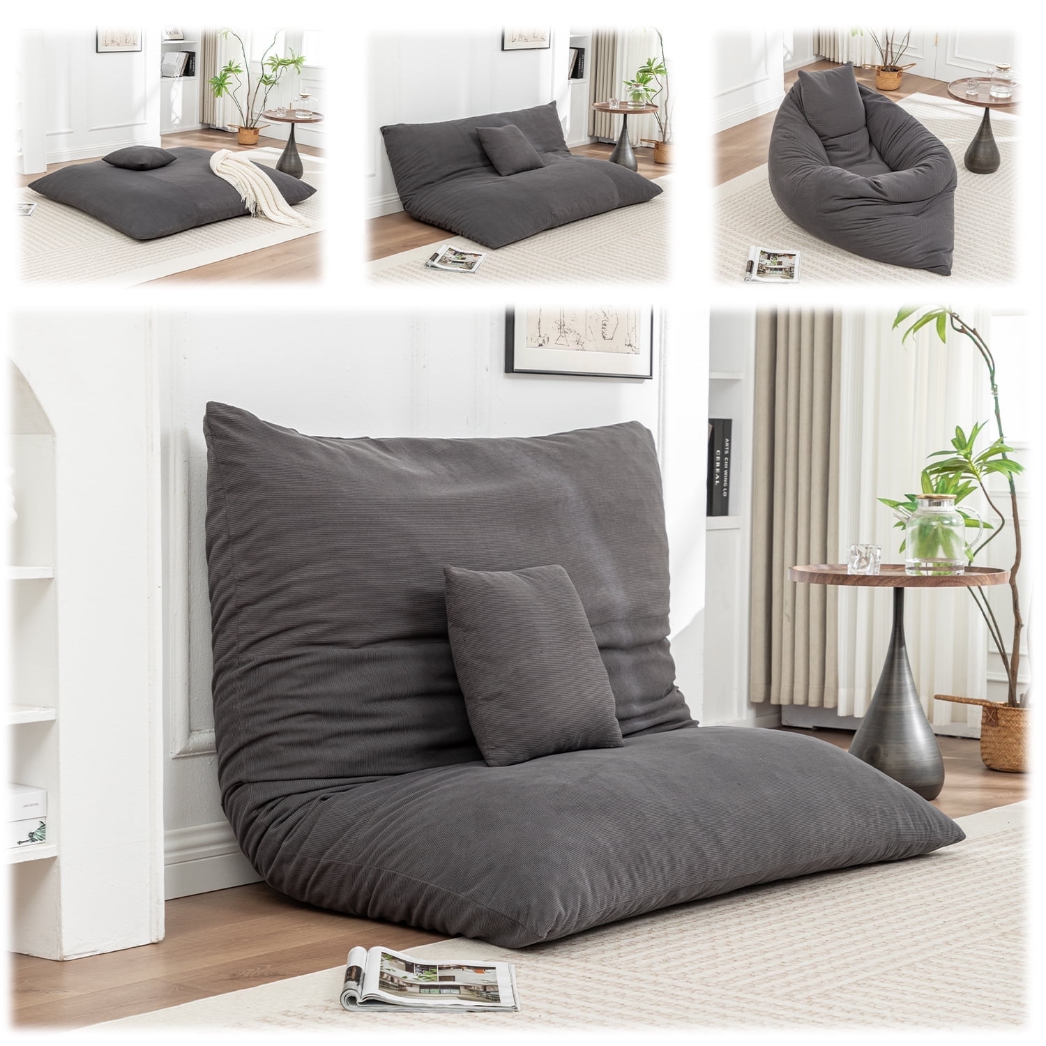 LEHZROAJ 3 in 1 Corduroy Bean Bag Chair with Pillow, Cozy Folding Sofa Bed for Adults Memory Foam Filled No Assembly for Living Room Bedroom,Gray