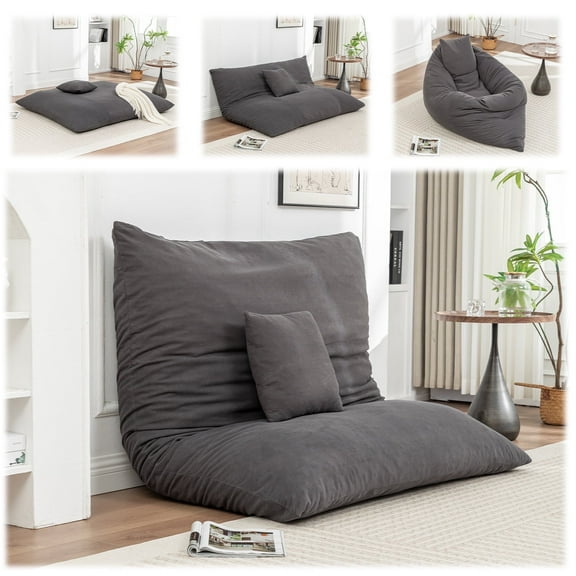 LEHZROAJ 3 in 1 Corduroy Bean Bag Chair with Pillow, Cozy Folding Sofa Bed for Adults Memory Foam Filled No Assembly for Living Room Bedroom,Gray