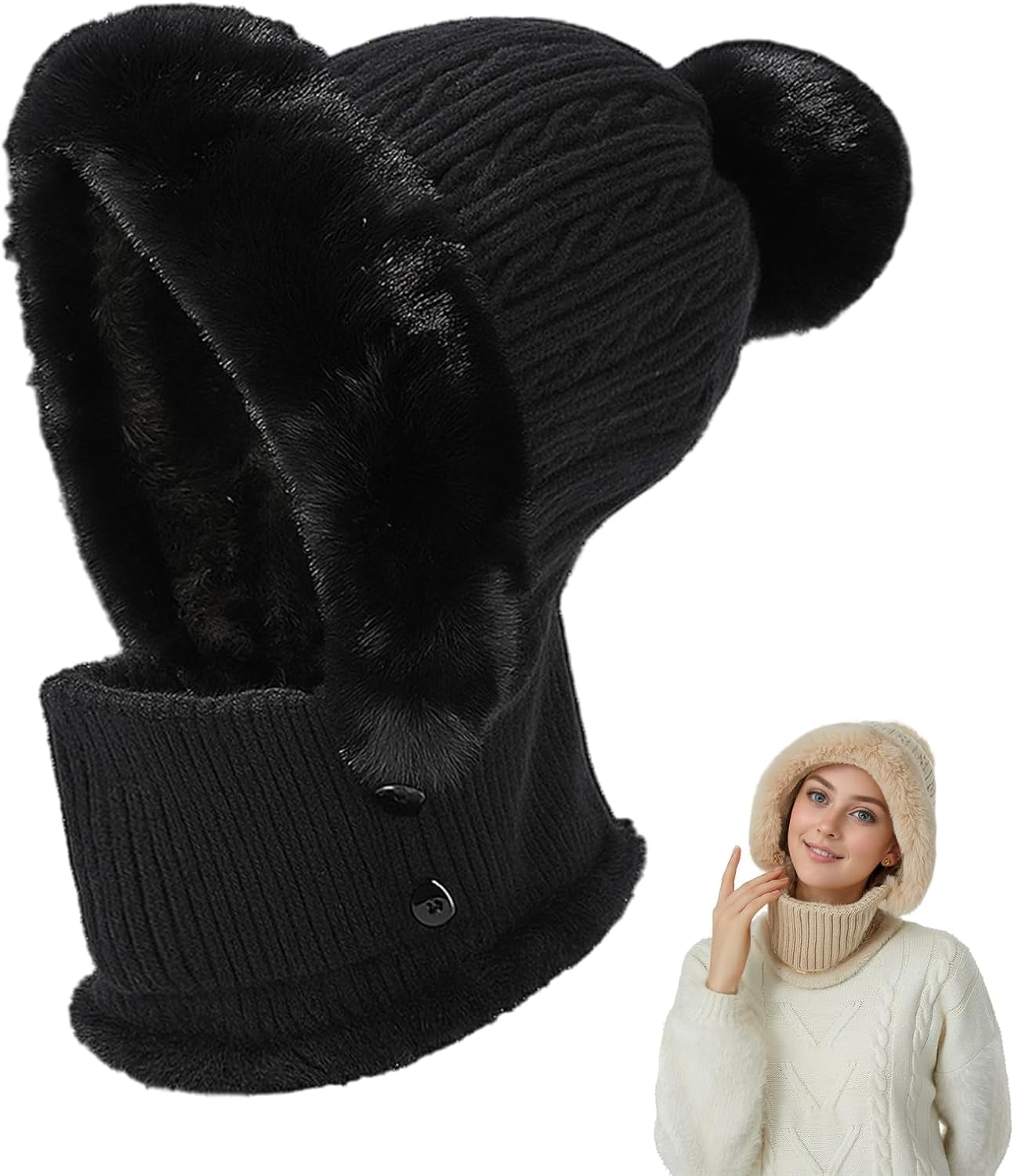 3 in 1 Beanie Hat with Scarf and Mask for Women, Winter Hat Scarf Set Fleece Lined, Hooded Scarf Hat for Ski Hiking Commuting Snow Caps