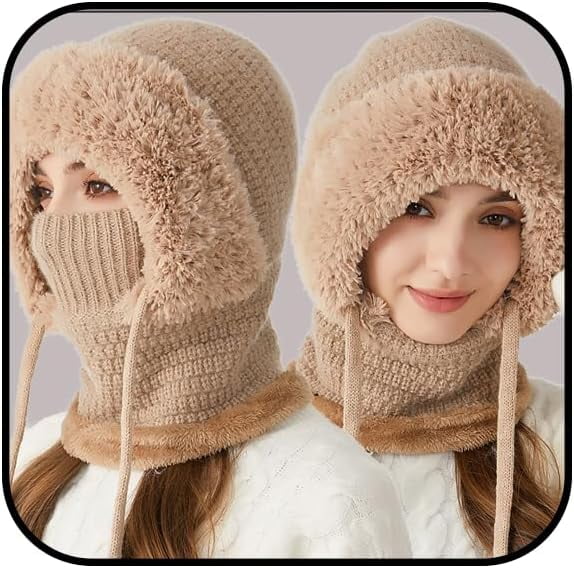 3 in 1 Beanie Hat with Scarf and Mask for Women, Winter Balaclava Ski Mask with Plush Lining, All-Weather Windproof Protection for Skiing, Hiking, and Outdoor Activities