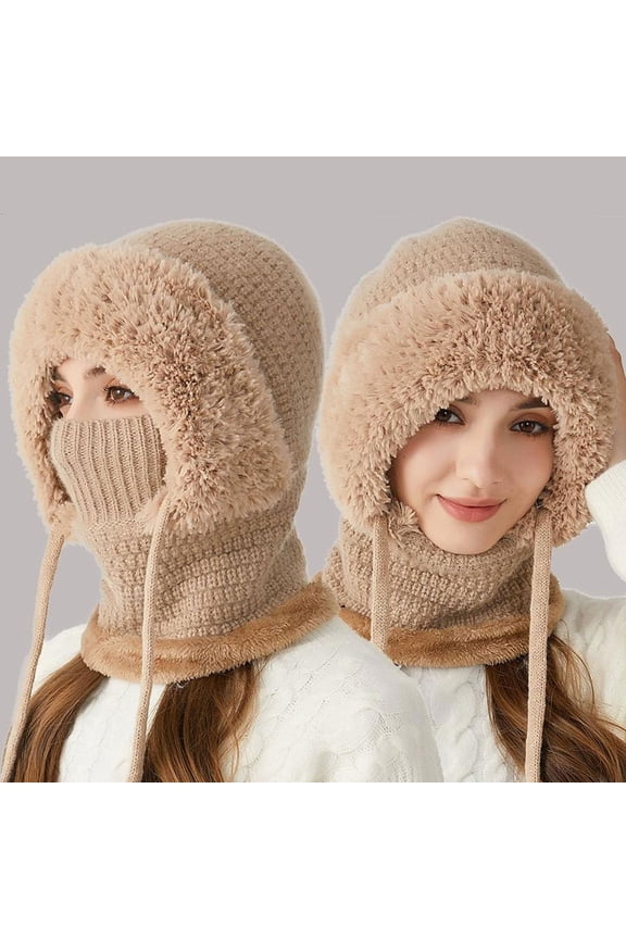 3 In 1 Beanie Hat For Women,3-In-1 Knitted Plush-Lined Beanie Hat, Mask Hooded Windproof Warm Knitted Cap,Winter Warm 3 In 1 Beanie Hat,Fall Winter Warm Knitted Hats,Winter Knitted Warm Beanie,D