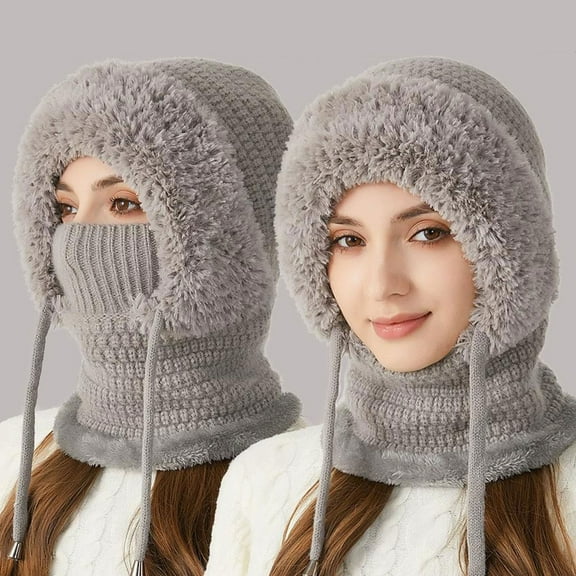 3 in 1 Beanie Hat for Women Men, Womens Balaclava Winter Warm Knit Hat Ski Cap, Cold Knitted Hats Wind Resistant Hooded Scarf, Thick Plush-Lined,Outdoor Warm Thermal Knitted Stocking Caps(Gray)