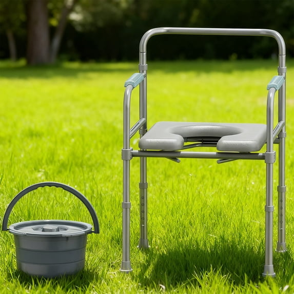 Bluelog Foldable Bedside Commode Chair, Mobility Raised Toilet Seat, Shower Chair with Handle, Easy Installation, Gray