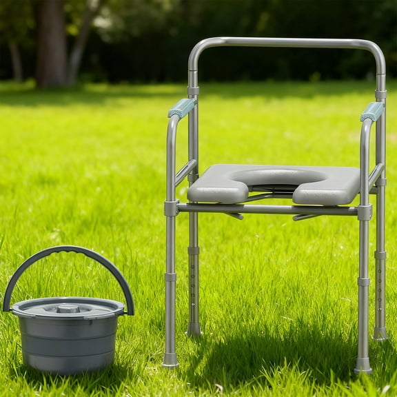Bluelog Foldable Bedside Commode Chair, Mobility Raised Toilet Seat, Shower Chair with Handle, Easy Installation, Gray
