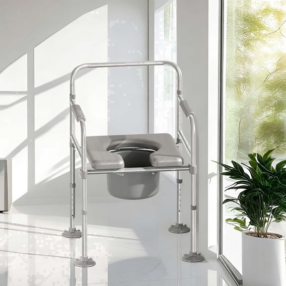 Bluelog Foldable Bedside Commode Chair, Mobility Raised Toilet Seat, Shower Chair with Handle, Easy Installation, Gray
