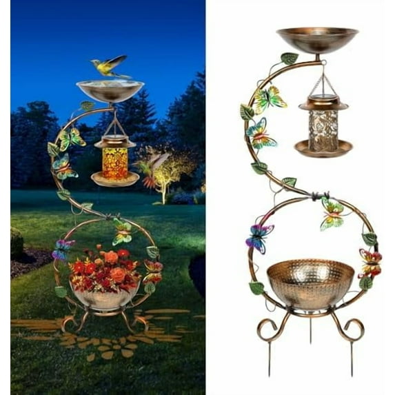 3 In 1 Bird Bath for Outside and Solar Bird Feeders Combo with Flower Planter Pedestal, 38" Metal Bird Baths Heavy Duty for Outdoors, Vintage Birdbaths for Garden Yard Lawn Decor -Waterproof