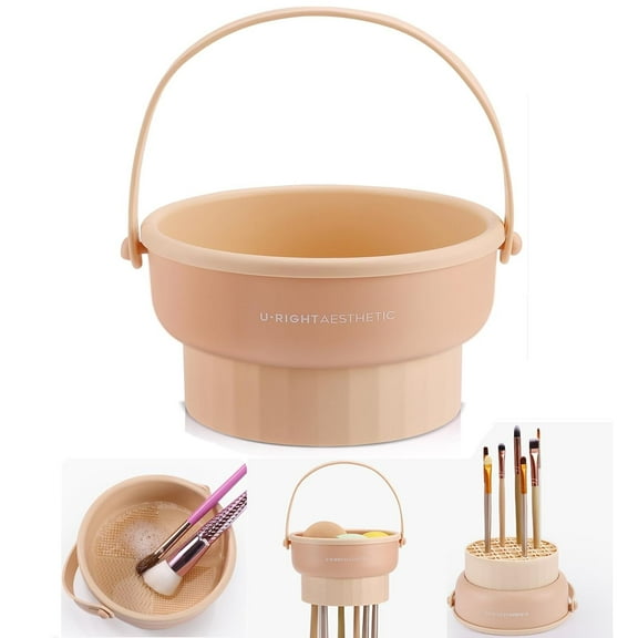3 in 1 Brush Cleaning Mat with Brush Drying Holder, Silicone Makeup Brush Cleaner Mat Make Up Brush Cleaning Bowl Cosmetic Brush Washing Tool for Makeup Brush, Sponge, Powder Puff (Khaki)